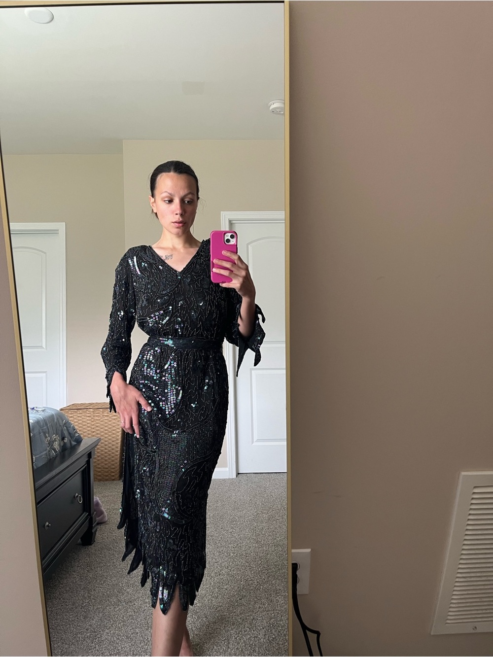 VTG 80s Carina Silk Iridescent Beaded Sequin Beaded Art Deco Style Midi Dress